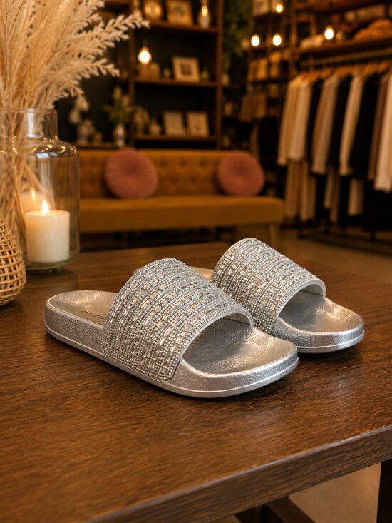 Shoes - Silver Rhinestone Crystal Mirror Slides Sandals Metallic Sandals